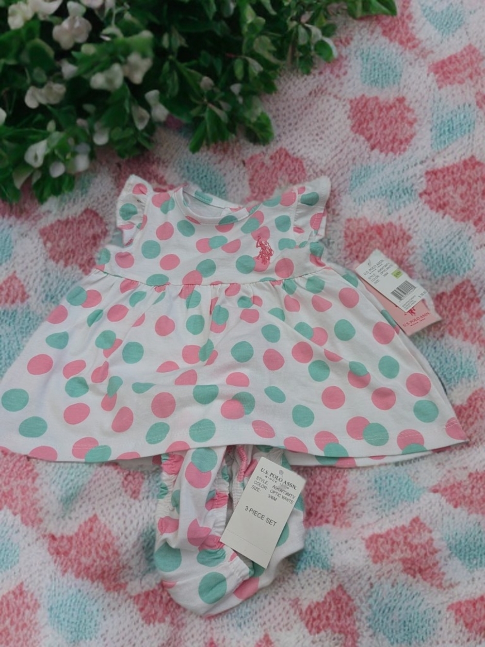 U.S. Polo Assn. Pink and Mint Polka Dot Baby Dress 3-Piece Set